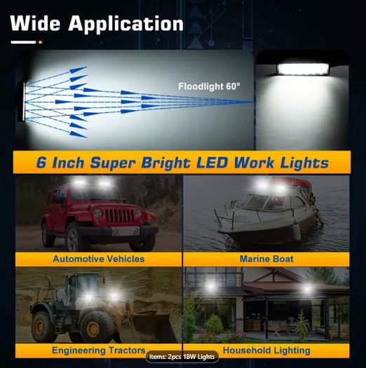 2pcs 6-Inch 18W LED Work Lights, Spotlight Off-Road LED Pods, Fog Lights, Driving Lamps with Adjustable Bracket, Ultra Bright
