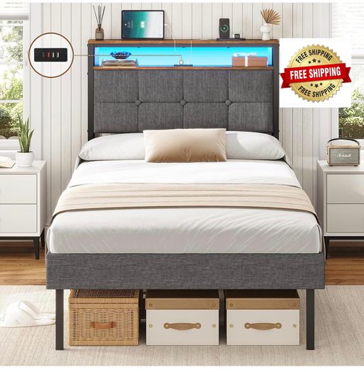 3ft Single Bed Frame 90x190 Upholstered Bed Frame With LED Lights & Charging Station Metal Bed Frame with Upholstered Storage Headboard/Under Bed Storage/Noise Free (Single-90x190cm)