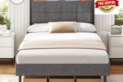 3ft Single Bed Frame 90x190 Upholstered Bed Frame With LED Lights &amp; Charging Station Metal Bed Frame with Upholstered Storage Headboard/Under Bed Storage/Noise Free (Single-90x190cm)