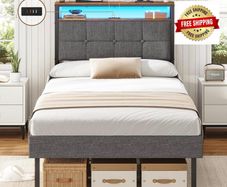 3ft Single Bed Frame 90x190 Upholstered Bed Frame With LED Lights & Charging Station Metal Bed Frame with Upholstered Storage Headboard/Under Bed Storage/Noise Free (Single-90x190cm)