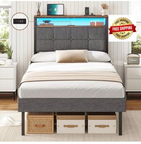 3ft Single Bed Frame 90x190 Upholstered Bed Frame With LED Lights & Charging Station Metal Bed Frame with Upholstered Storage Headboard/Under Bed Storage/Noise Free (Single-90x190cm)