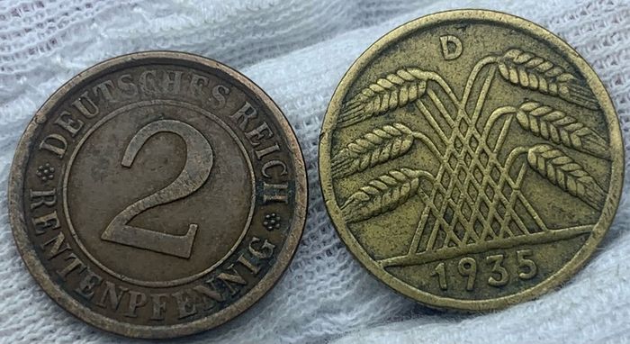 Germany 1924 A 2 rentenpfennig; 1935 D 10 reichspfennig
