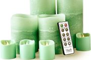 LED Candles, Set of 8 Real Wax Flameless Pillars and Votives, Flickering Flame and 10-Key Remote Control with 2/4/6/8 Hours Timer Function (Batteries Included) - Layered Green