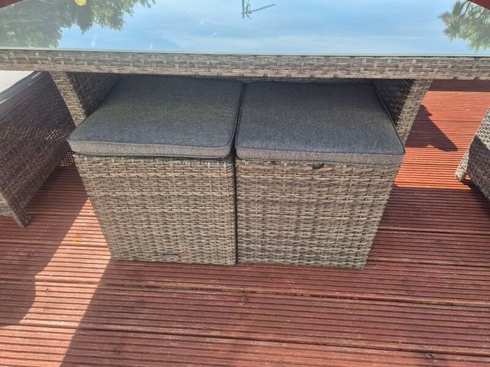 garden table, chairs and stools.