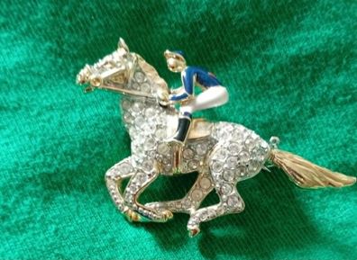 Vintage diamante racehorse and jockey brooch