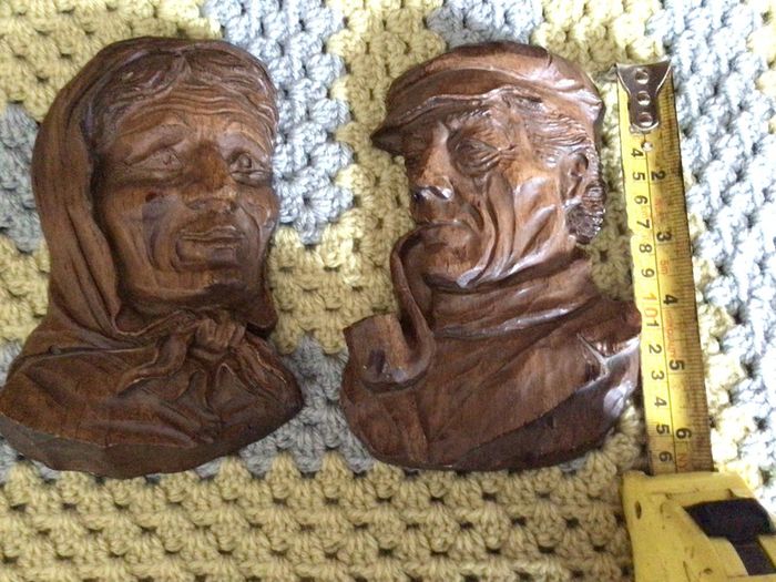A Pair Of french vintage Wooden carved Hangemalt Man & Woman wall plaques