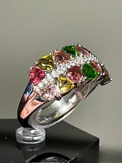 Sterling silver 925 ring with natural Multi-Tourmaline & Natural Zircon. With certificate