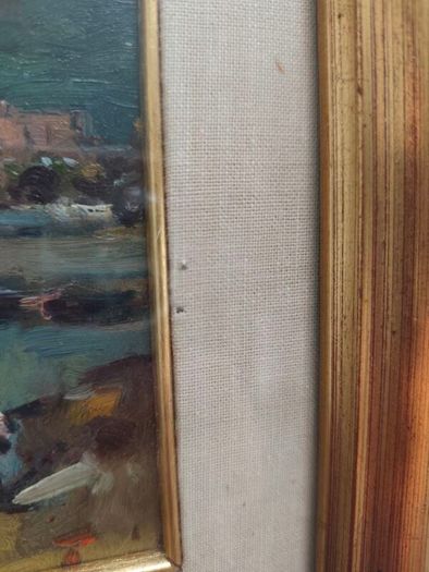 Oil painting of a harbour with boats