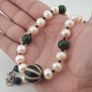 Genuine Freshwater Pearl & Green Jade Statement Necklace with Melon Dzi Pendant Image 3