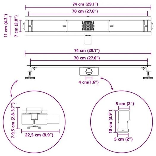 Shower Drain 2-in-1 with 360 Siphon Black 70 cm