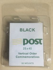 20 packs of Black Stamp Mounts with An Post logo (produced by Davo). Stamp Mounts 25mm X 40mm  for Vertical Older Commemoratives