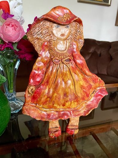 20th Century Holly Hobbie Style Wall Decoration Plaster Glazed & Painted 3-D