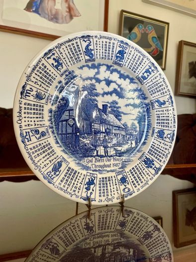 Vintage 1987 Calendar Plate English Blue and White Ironstone Rustic Wall Decor Retro Gift