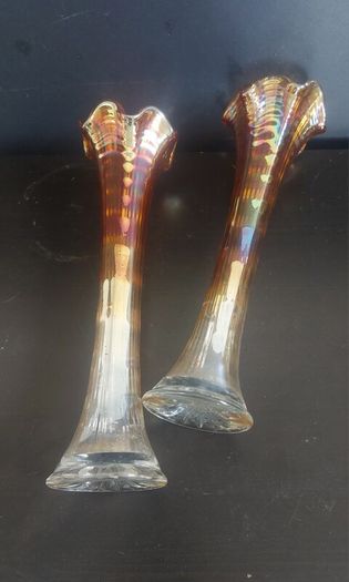 Fabulous Pair of Antique/Vintage Imperial Glass Company Carnival Glass Ripple Swung Vases in the Ombre Marigold Opalescent Colourway, Circa 1907 -1930, Priced as a Pair