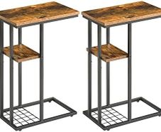 C-Shaped End Table Set of 2, Side Table for Sofa and Bed, Coffee Table for Small Spaces, Living Room, Bedroom, Industrial Small Table with Storage Shelf and Metal Frame