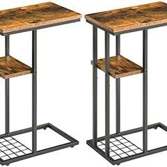 C-Shaped End Table Set of 2, Side Table for Sofa and Bed, Coffee Table for Small Spaces, Living Room, Bedroom, Industrial Small Table with Storage Shelf and Metal Frame