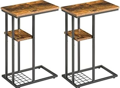 C-Shaped End Table Set of 2, Side Table for Sofa and Bed, Coffee Table for Small Spaces, Living Room, Bedroom, Industrial Small Table with Storage Shelf and Metal Frame