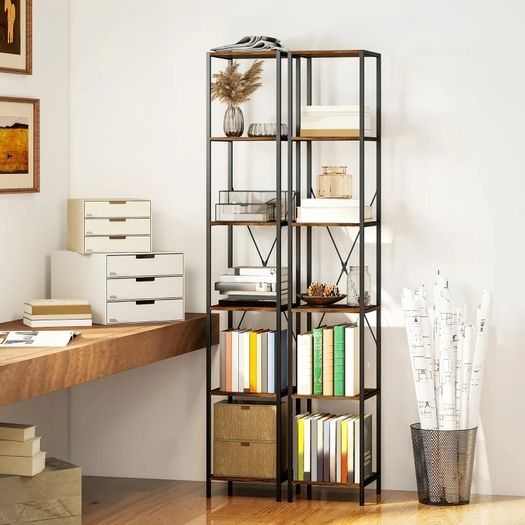 2-Pack 6-Tier Bookshelf, Steel Frame, for Living Room, Office, Bedroom, Rustic Brown