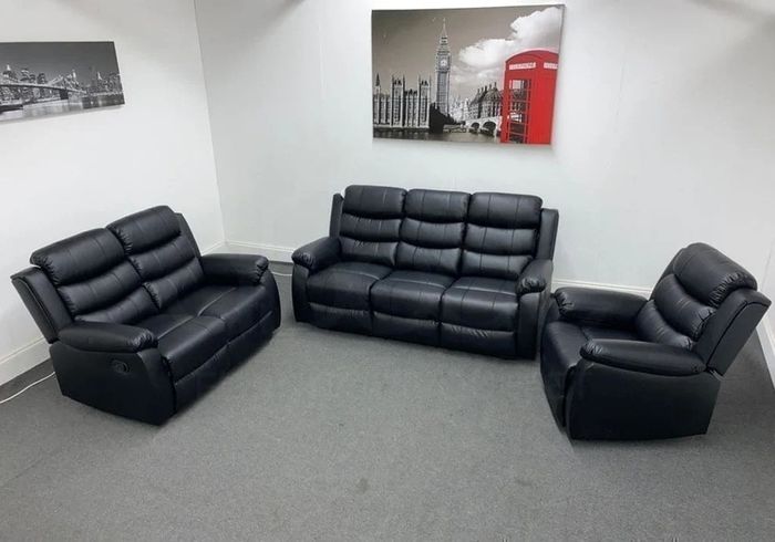 Roma Black Manual Leather Recliner Sofa Set