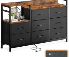 Chest of Drawers Bedroom, Contains 2 USB & 2 AC Ports Sockets, Storage Dresser with 8 Fabric Drawers Suitable for Bedrooms, Living Rooms, Retro Color