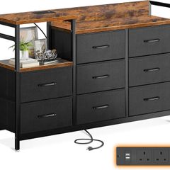 Chest of Drawers Bedroom, Contains 2 USB & 2 AC Ports Sockets, Storage Dresser with 8 Fabric Drawers Suitable for Bedrooms, Living Rooms, Retro Color