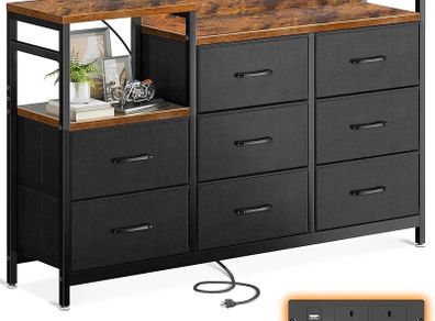 Chest of Drawers Bedroom, Contains 2 USB & 2 AC Ports Sockets, Storage Dresser with 8 Fabric Drawers Suitable for Bedrooms, Living Rooms, Retro Color