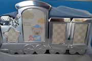 New silver train photo frame in box