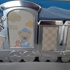 New silver train photo frame in box