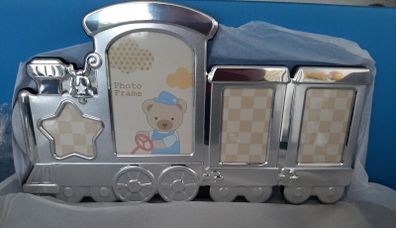 New silver train photo frame in box