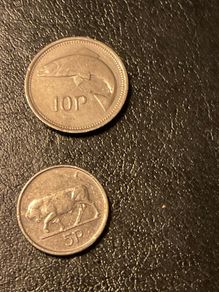 Irish Pre Euro Coins 1994 10p Salmon and 1996 5p Bull