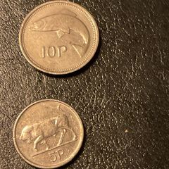 Irish Pre Euro Coins 1994 10p Salmon and 1996 5p Bull