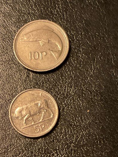 Irish Pre Euro Coins 1994 10p Salmon and 1996 5p Bull