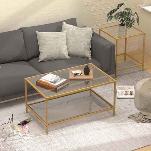 Nesting Tables, Set of 2 End Table, Coffee Tables, Side Table with Metal Frame for Living Room/Bedroom/Balcony/Office/Apartment, Diameter 60/40 cm (Gold Frame, Glass Top)