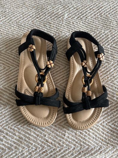Dressy black summer sandals - sparkly strap / holiday shoes