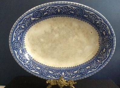 Antique Victorian Blue and White Platter, Unknown Maker in the Temple Pattern circa 1870