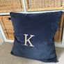 New Ex display 50cm x 50cm navy velvet cushion with taupe herringbone embroidered K Image 3