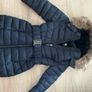Girls navy padded winter coat with faux fur hood Image 2