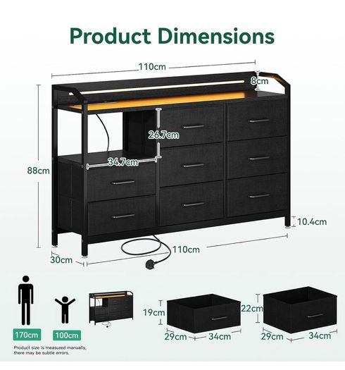 Black Chest of Drawers Bedroom, 8 Large Fabric Drawers, 110x30x88