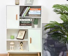 Sideboard Bookshelf Free Standing Bookcase Shelves Unit Display Storage Cabinet w/ Adjustable Shelves, Wooden Leg, Two Doors, White
