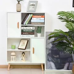 Sideboard Bookshelf Free Standing Bookcase Shelves Unit Display Storage Cabinet w/ Adjustable Shelves, Wooden Leg, Two Doors, White