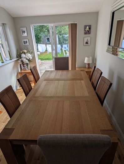 Solid Oak dining table, side board & chairs for 8