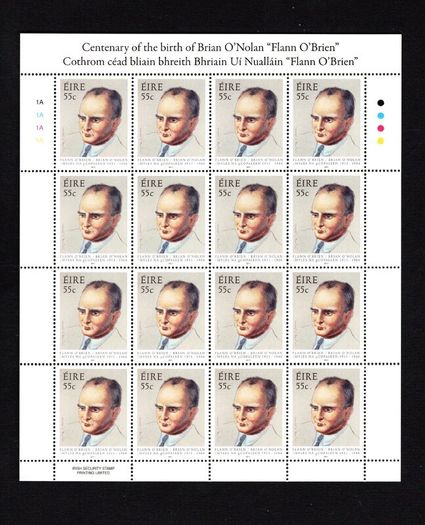 2011 Ireland Birth Centenary of Brian O'Nolan Commemorative Stamps Sheetlet Plate 1A1A1A1A Mint Never Hinged (MNH)