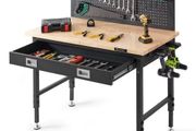 Workbench Adjustable Height 28-39.5" Work Bench For Garage Oak Plank &amp; Carbon Steel Heavy Duty Workbench 2000lbs Weight Capacity Bench top Size 48x24" Hardwood Workbench 3m Cable 30 Hooks