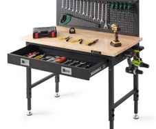 Workbench Adjustable Height 28-39.5" Work Bench For Garage Oak Plank & Carbon Steel Heavy Duty Workbench 2000lbs Weight Capacity Bench top Size 48x24" Hardwood Workbench 3m Cable 30 Hooks