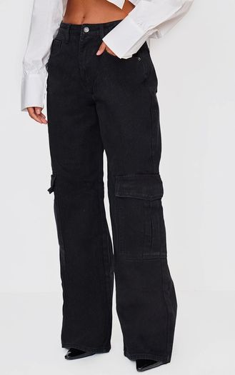 PLT Washed Black Cargo Side Pocket Wide Leg Jeans Size 10!