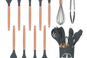 12 PCS Silicone Cooking Utensils Set with Wooden Handle, Heat Resistant, Nonstick Cookware Tongs Spatula Spoon Set, Dishwasher Safe, Best Kitchen Tools Grey
