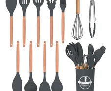 12 PCS Silicone Cooking Utensils Set with Wooden Handle, Heat Resistant, Nonstick Cookware Tongs Spatula Spoon Set, Dishwasher Safe, Best Kitchen Tools Grey