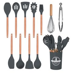 12 PCS Silicone Cooking Utensils Set with Wooden Handle, Heat Resistant, Nonstick Cookware Tongs Spatula Spoon Set, Dishwasher Safe, Best Kitchen Tools Grey