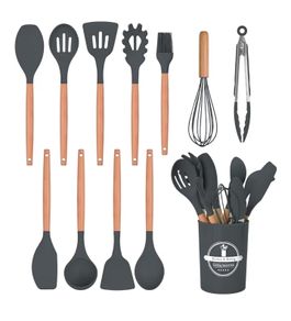 12 PCS Silicone Cooking Utensils Set with Wooden Handle, Heat Resistant, Nonstick Cookware Tongs Spatula Spoon Set, Dishwasher Safe, Best Kitchen Tools Grey