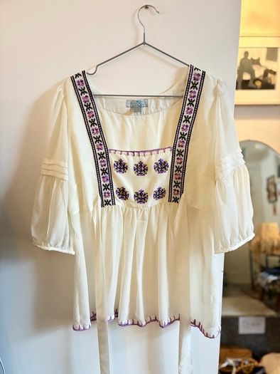 Monsoon square neck tie back blouse with crochet and cross stitch details